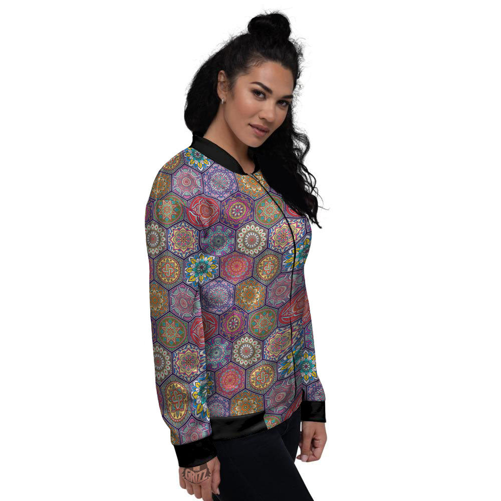 Bohemian Ethnic Mandala Print Pattern Women's Bomber Jacket-grizzshop