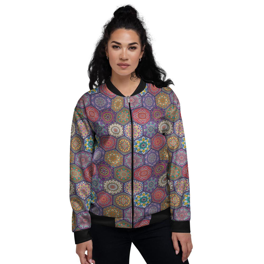 Bohemian Ethnic Mandala Print Pattern Women's Bomber Jacket-grizzshop