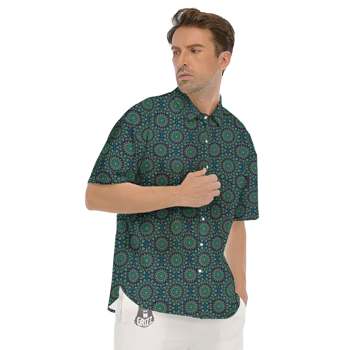 Bohemian Ethnic Teal Print Pattern Men's Short Sleeve Shirts-grizzshop