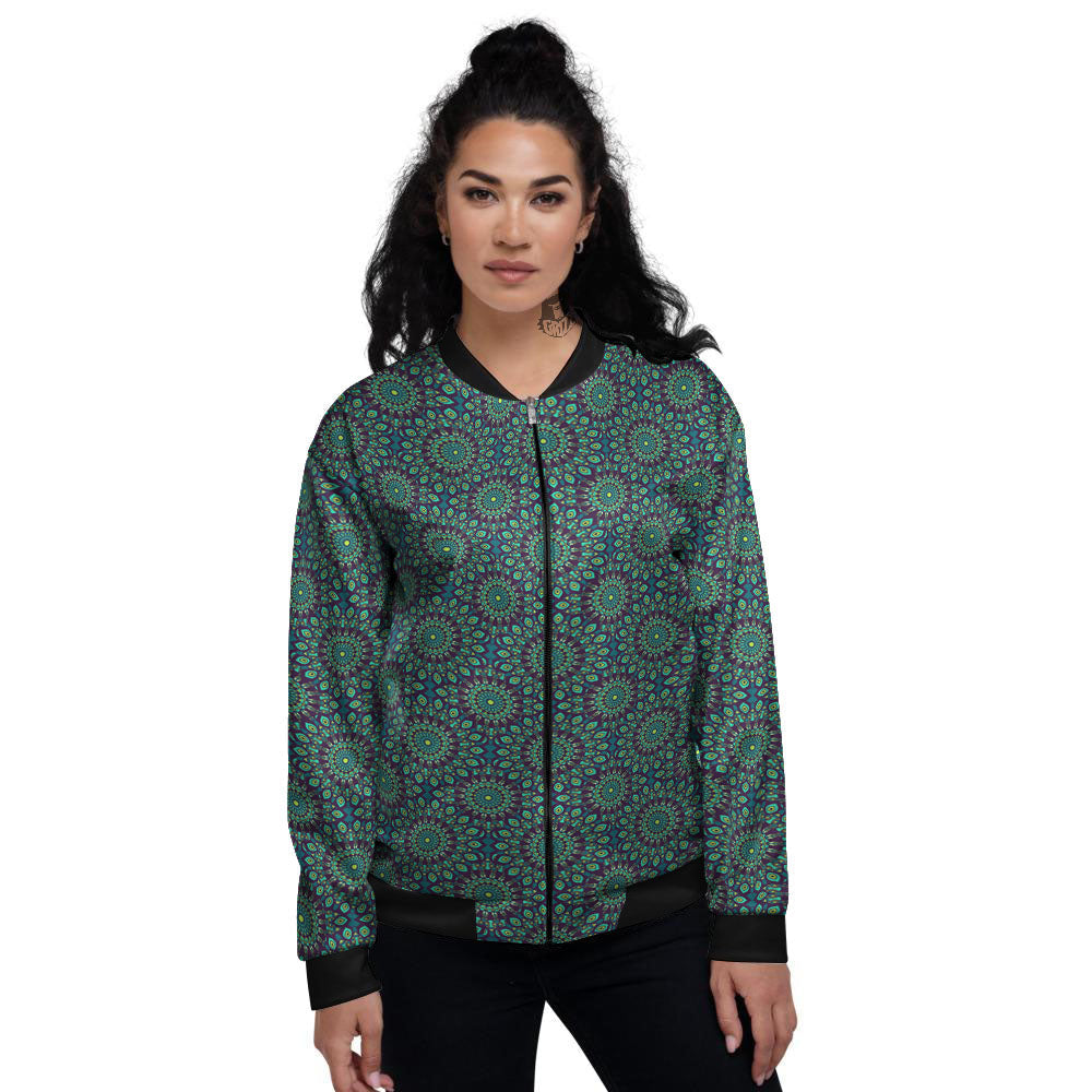 Bohemian Ethnic Teal Print Pattern Women's Bomber Jacket-grizzshop
