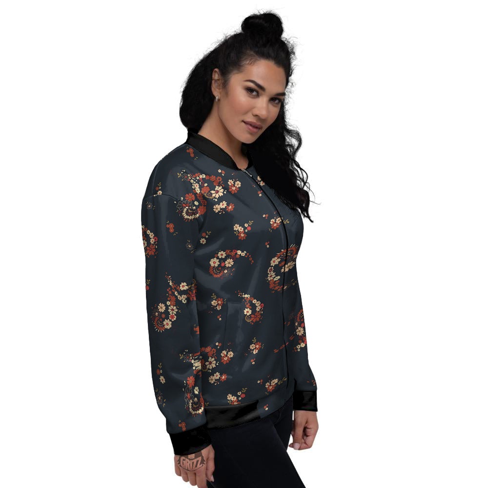Bohemian Floral Blue Orange Vintage Print Pattern Women's Bomber Jacket-grizzshop