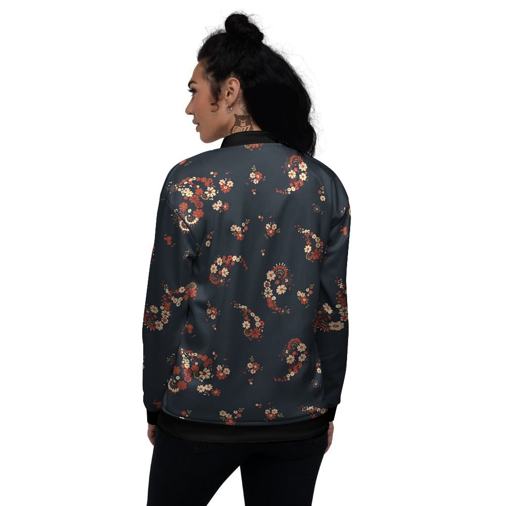 Bohemian Floral Blue Orange Vintage Print Pattern Women's Bomber Jacket-grizzshop
