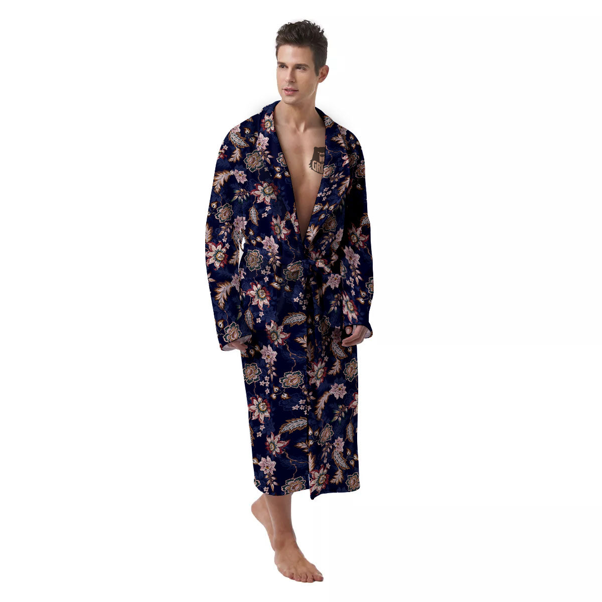 Bohemian Floral Blue Vintage Print Men's Robe-grizzshop