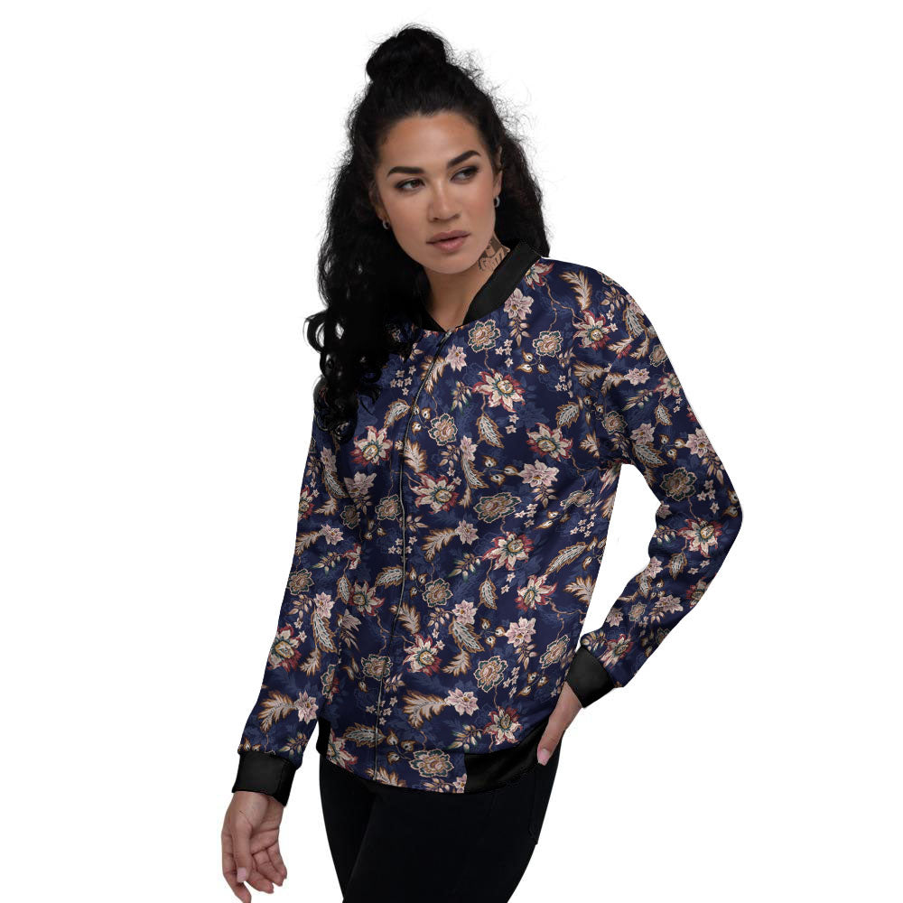 Bohemian Floral Blue Vintage Print Women's Bomber Jacket-grizzshop
