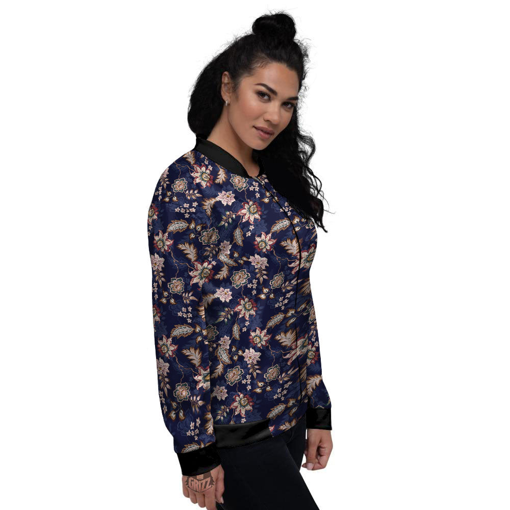 Bohemian Floral Blue Vintage Print Women's Bomber Jacket-grizzshop