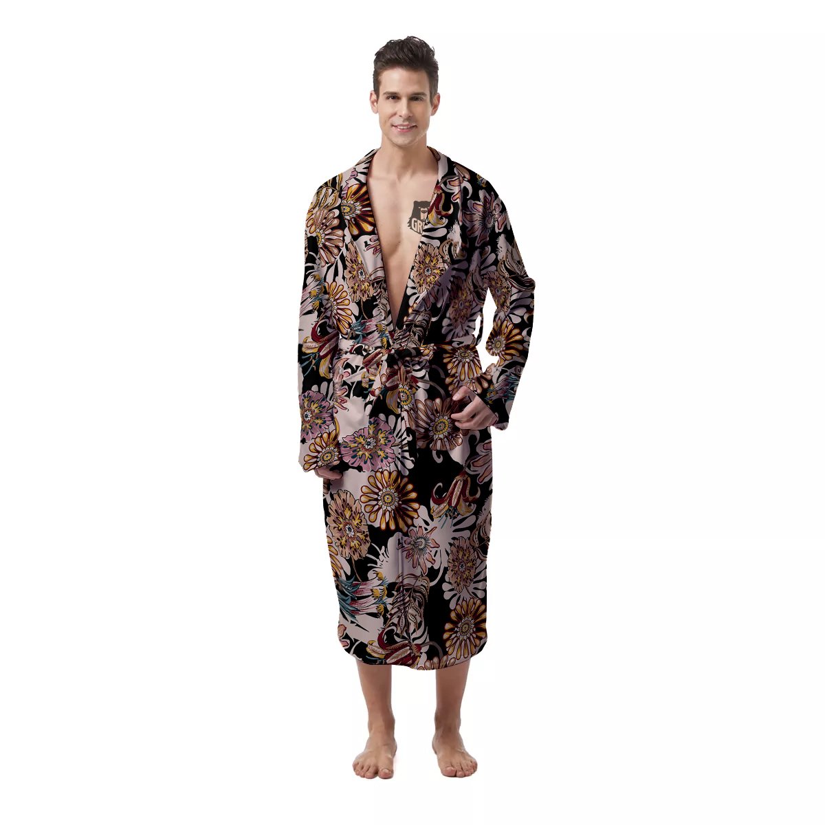 Bohemian Floral Brown Vintage Print Pattern Men's Robe-grizzshop