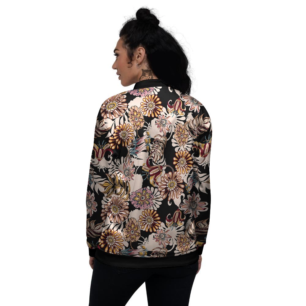 Bohemian Floral Brown Vintage Print Pattern Women's Bomber Jacket-grizzshop