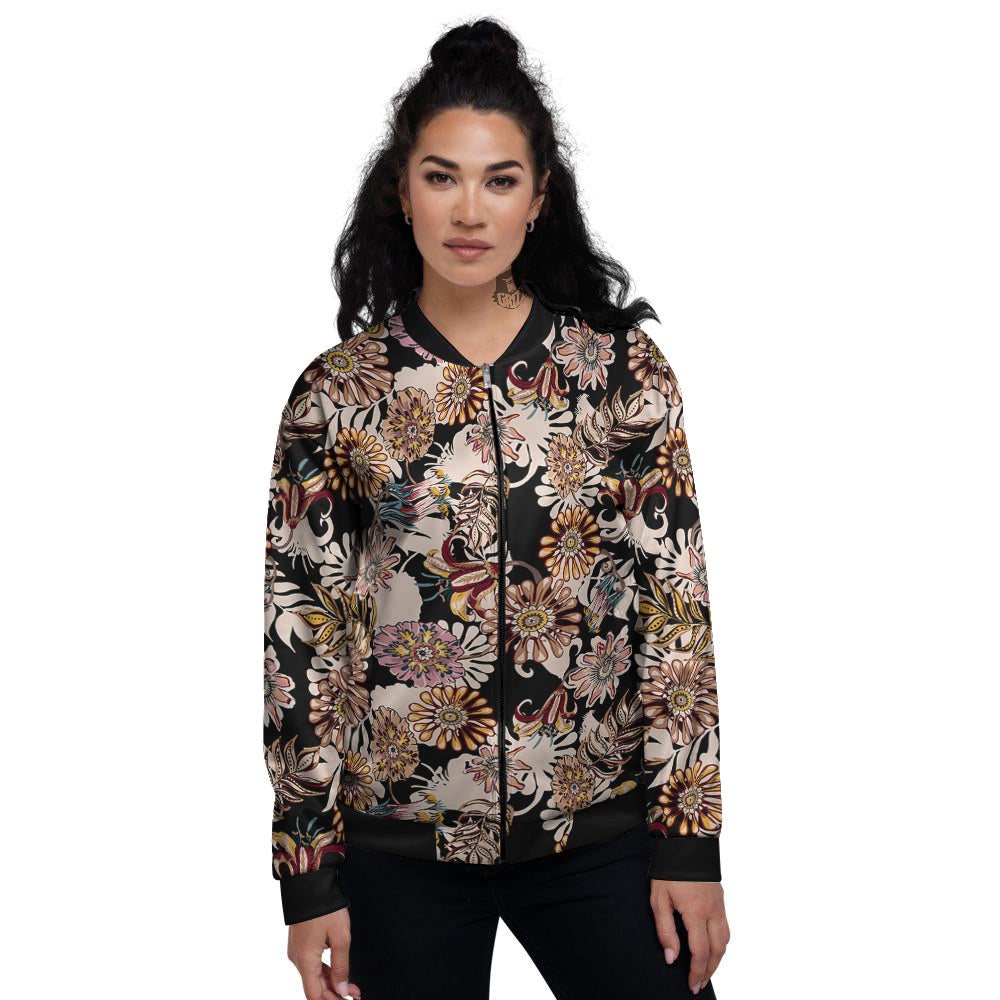 Bohemian Floral Brown Vintage Print Pattern Women's Bomber Jacket-grizzshop