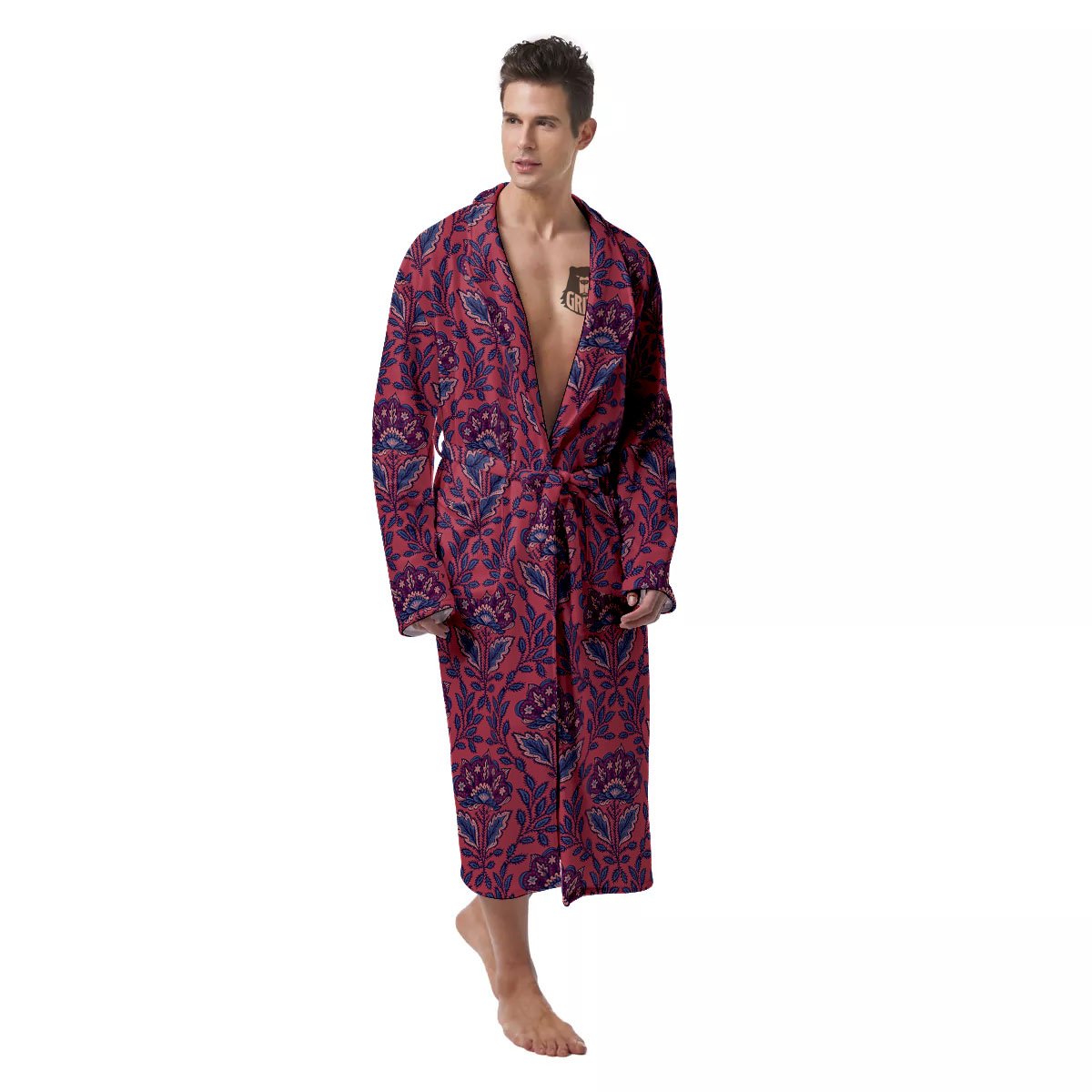 Bohemian Floral Maroon Vintage Print Pattern Men's Robe-grizzshop