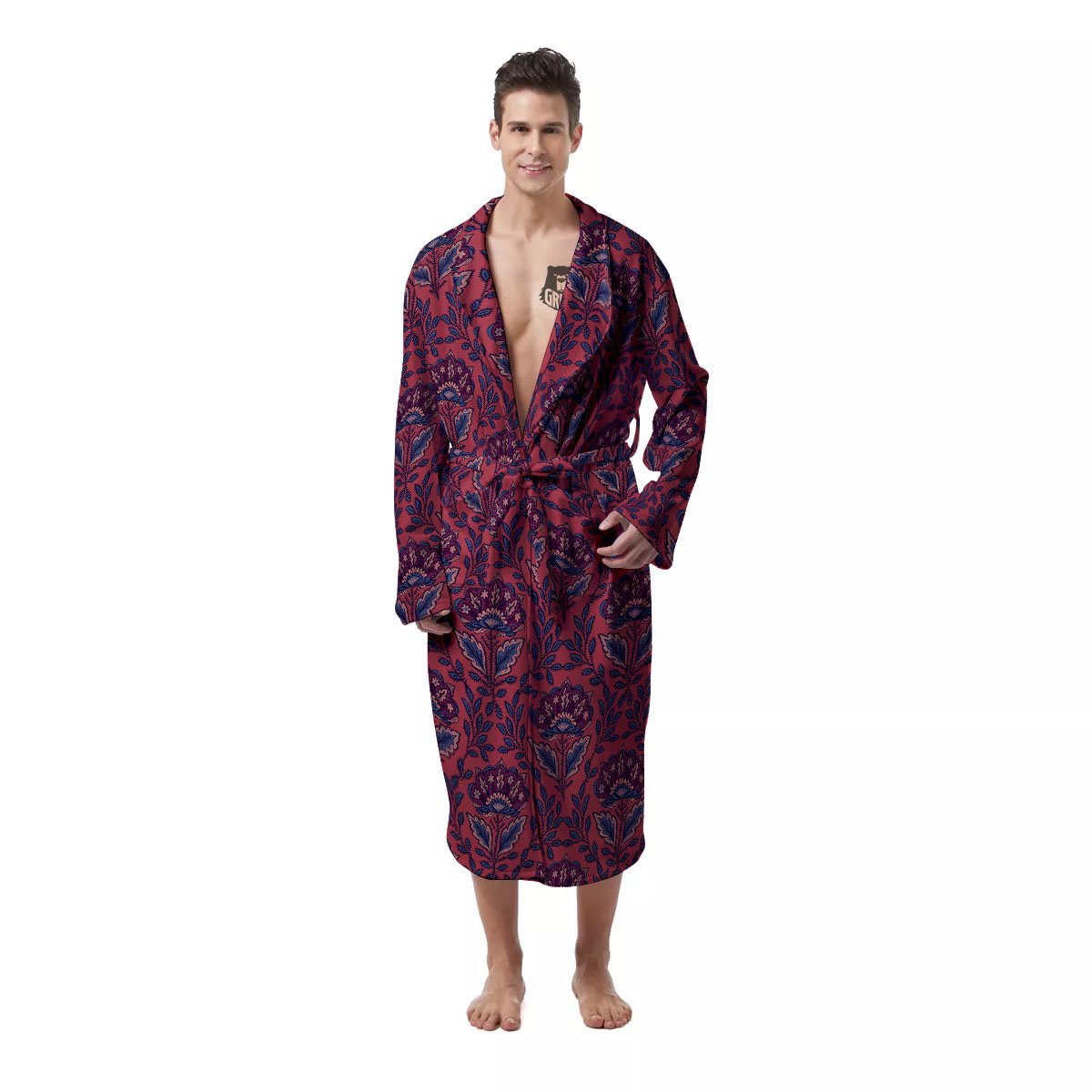 Bohemian Floral Maroon Vintage Print Pattern Men's Robe-grizzshop