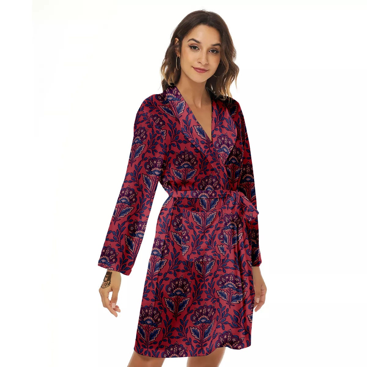 Bohemian Floral Maroon Vintage Print Pattern Women's Robe-grizzshop