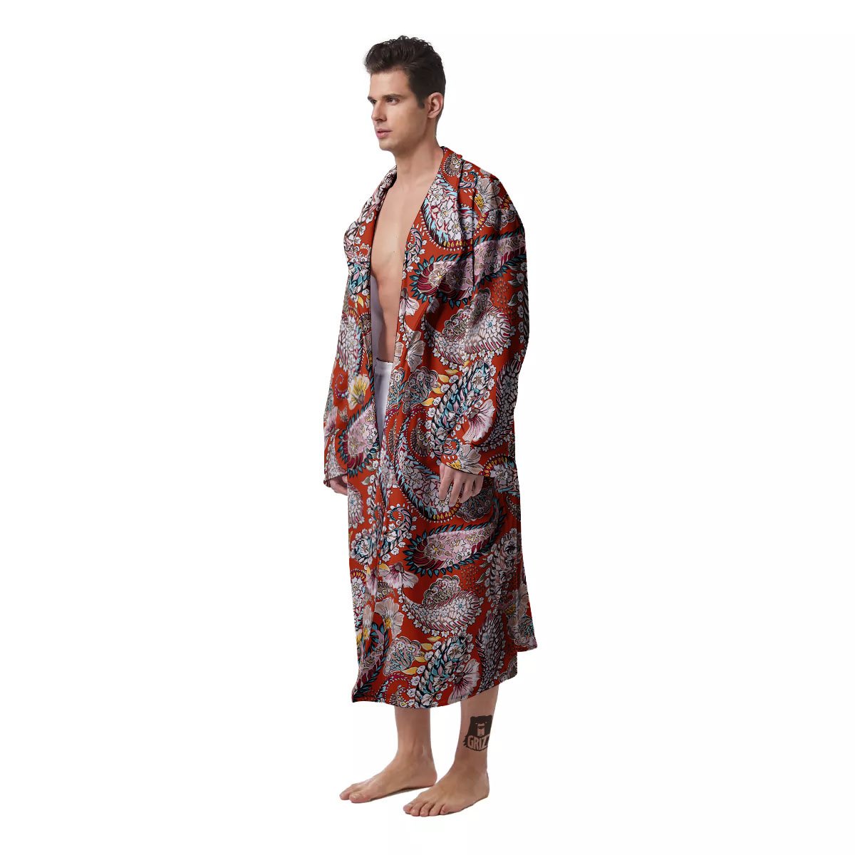 Bohemian Floral Orange Print Pattern Men's Robe-grizzshop