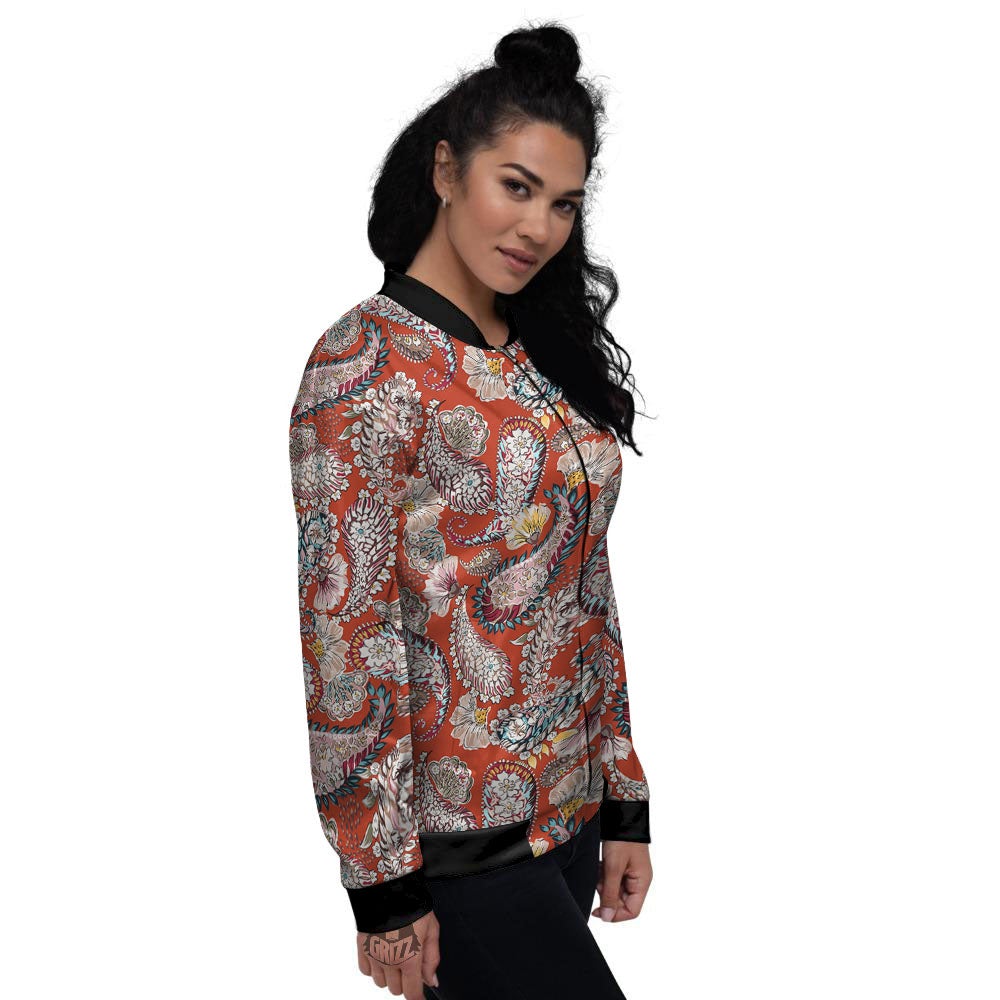 Bohemian Floral Orange Print Pattern Women's Bomber Jacket-grizzshop