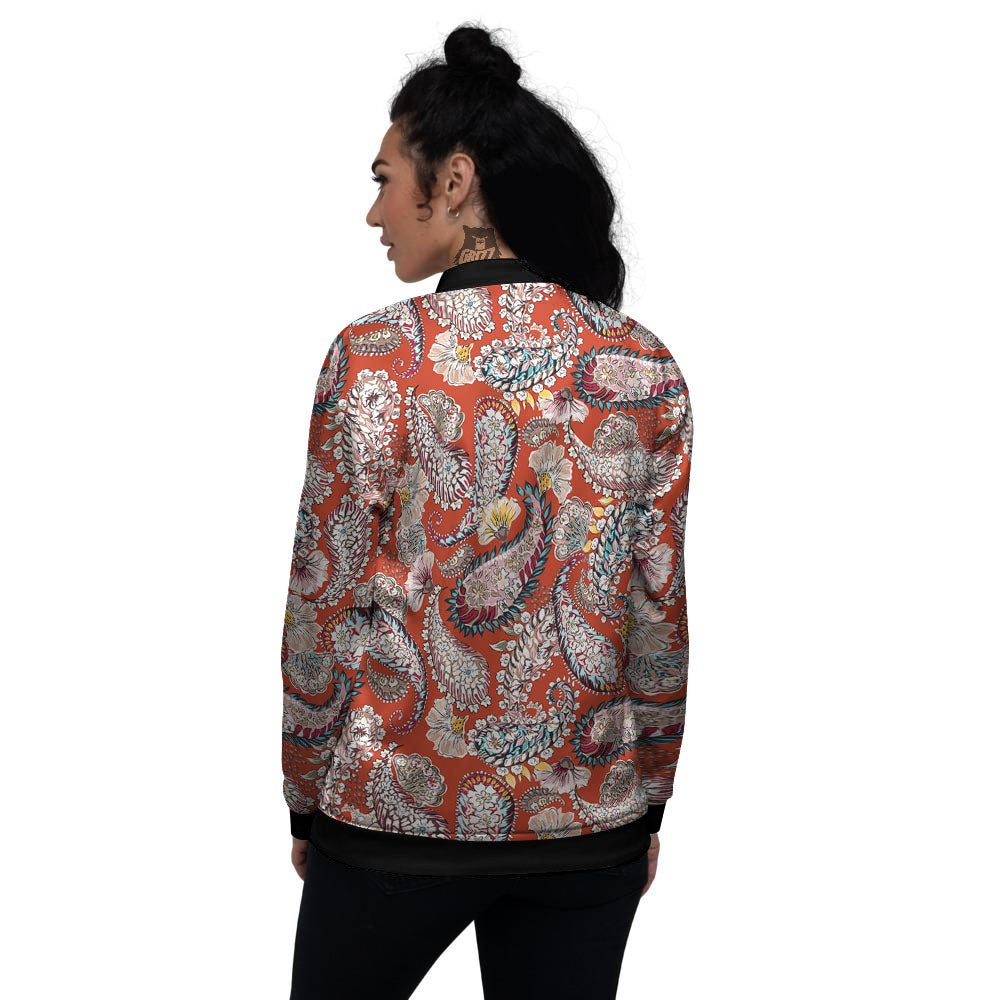 Bohemian Floral Orange Print Pattern Women's Bomber Jacket-grizzshop