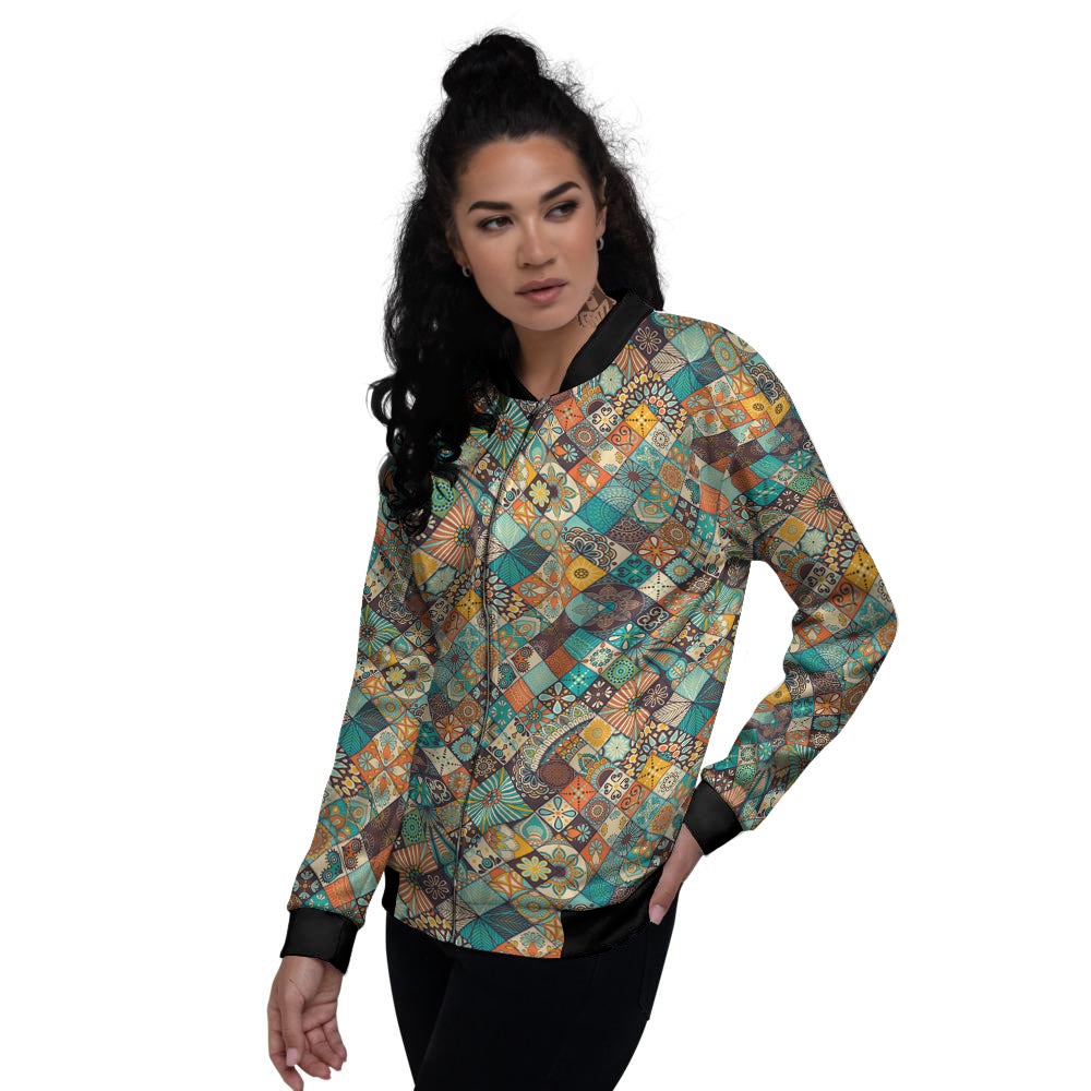 Bohemian Mandala Floral Vintage Print Pattern Women's Bomber Jacket-grizzshop
