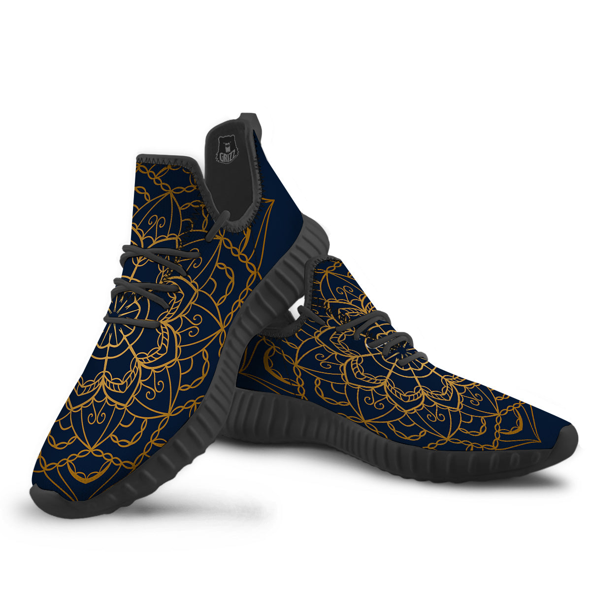 Bohemian Mandala Gold And Blue Print Black Walking Shoes-grizzshop