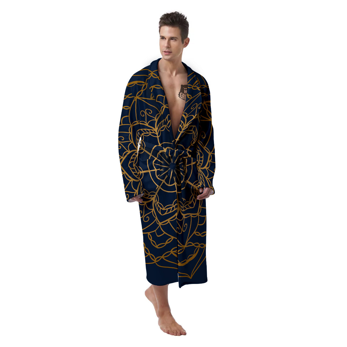 Bohemian Mandala Gold And Blue Print Men's Robe-grizzshop