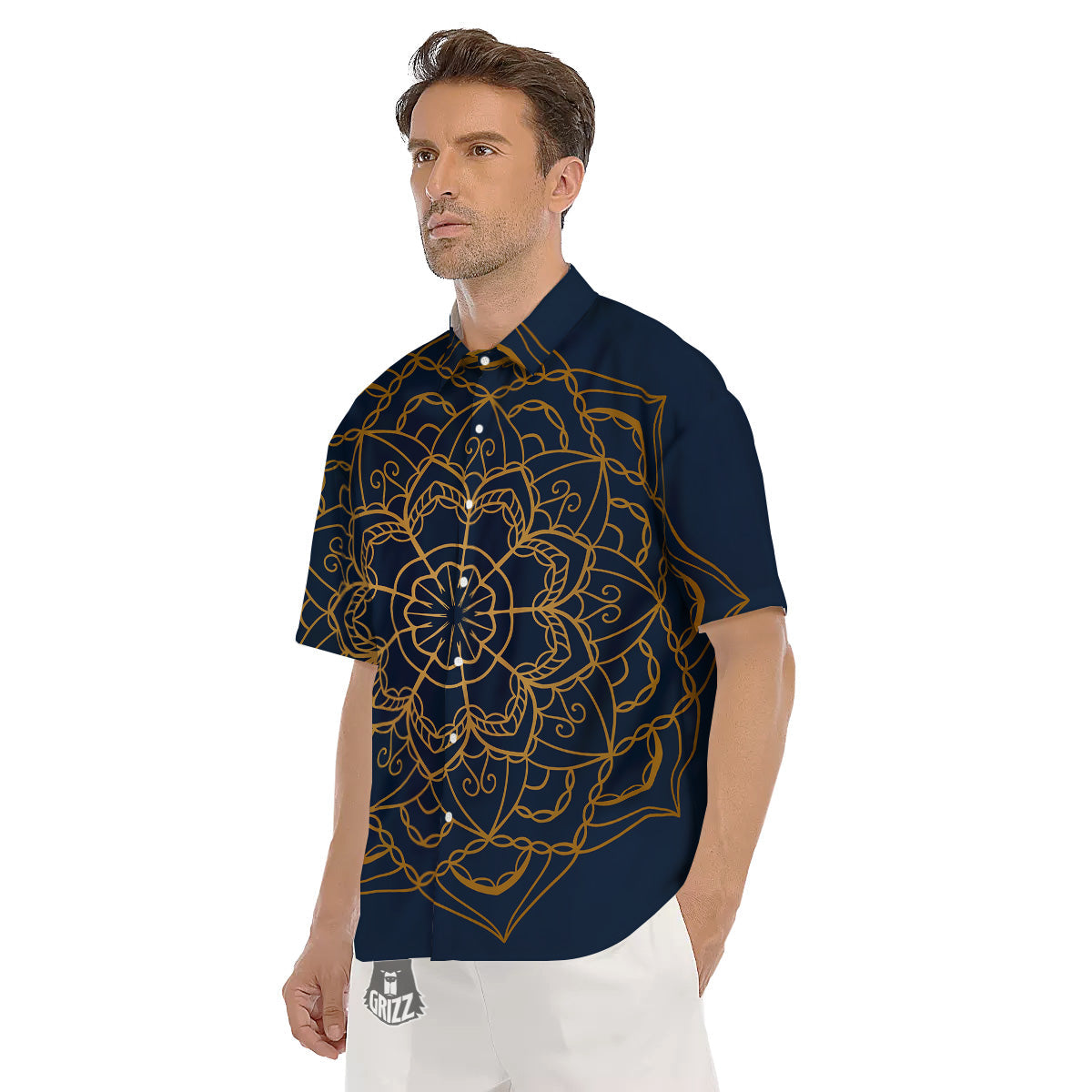 Bohemian Mandala Gold And Blue Print Men's Short Sleeve Shirts-grizzshop