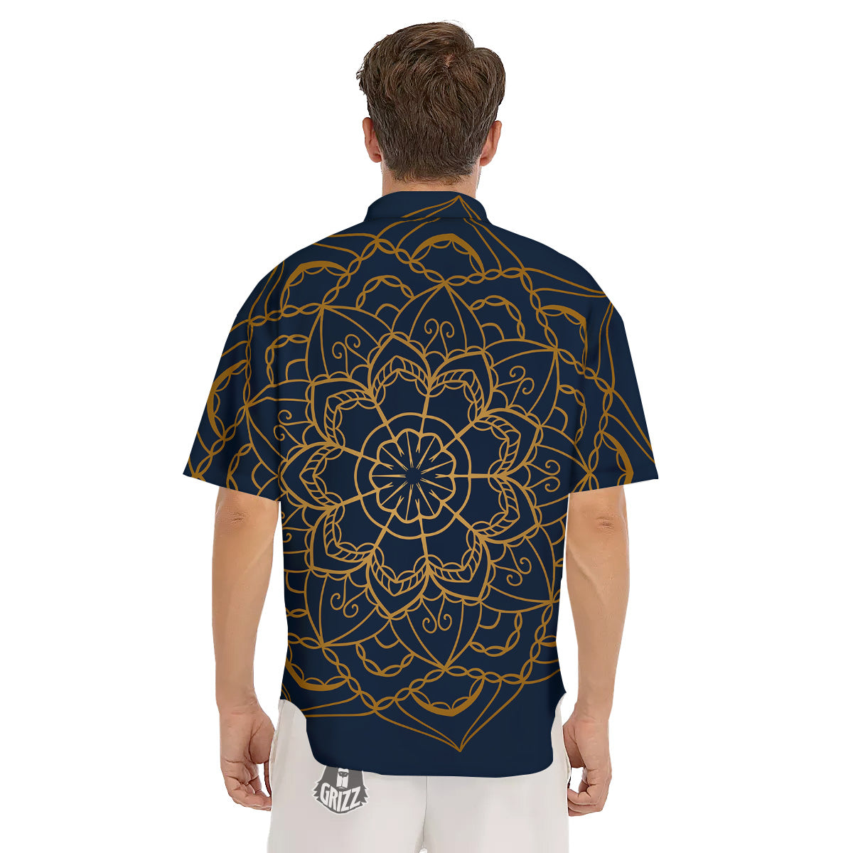 Bohemian Mandala Gold And Blue Print Men's Short Sleeve Shirts-grizzshop