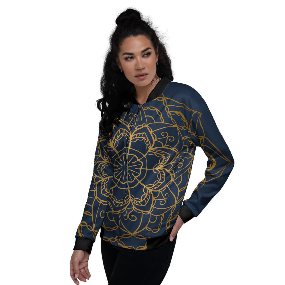 Bohemian Mandala Gold And Blue Print Women's Bomber Jacket-grizzshop