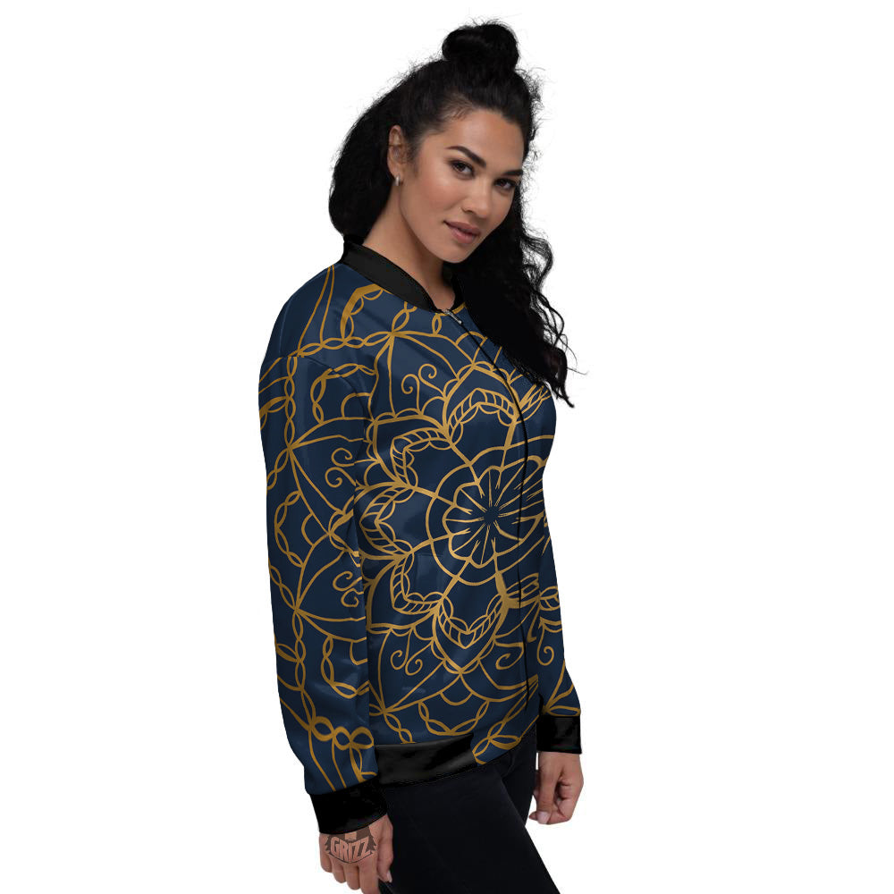 Bohemian Mandala Gold And Blue Print Women's Bomber Jacket-grizzshop