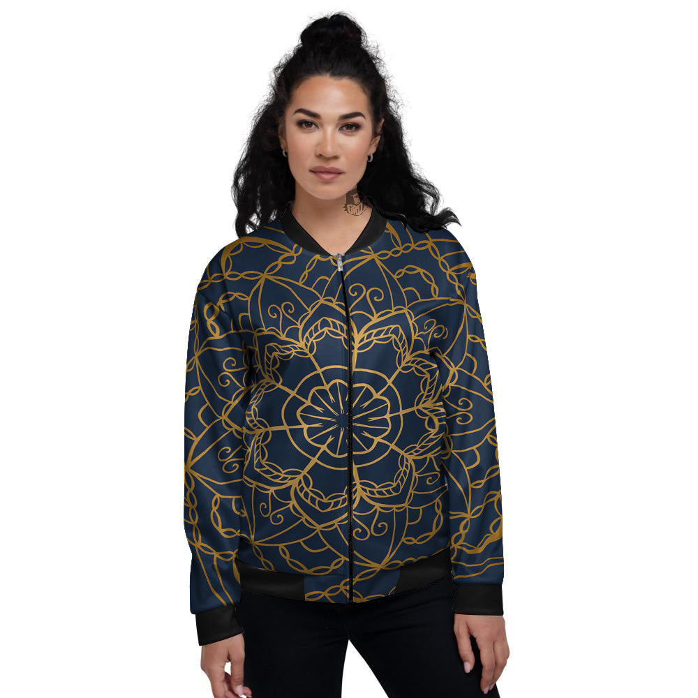 Bohemian Mandala Gold And Blue Print Women's Bomber Jacket-grizzshop
