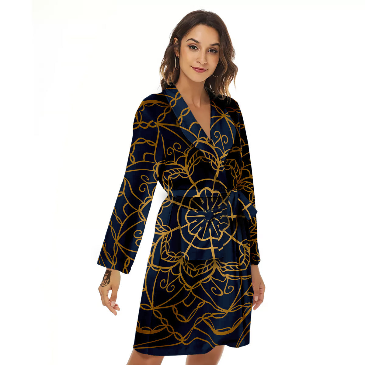 Bohemian Mandala Gold And Blue Print Women's Robe-grizzshop