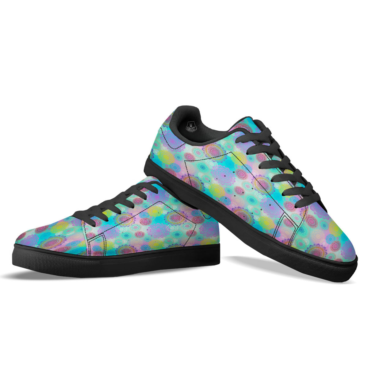 Bohemian Mandala Pastel Print Pattern Black Low Top Sneakers-grizzshop