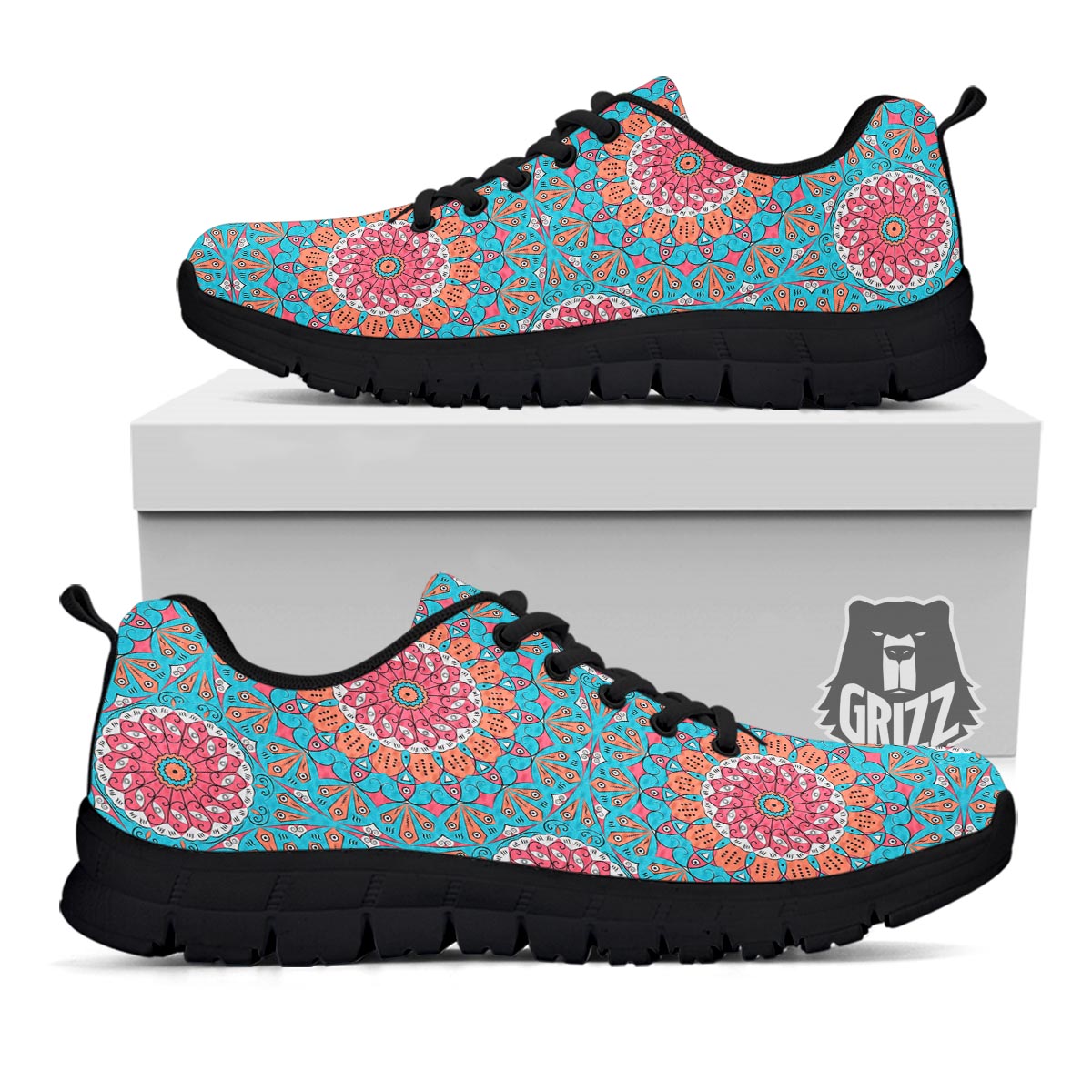 Bohemian Mandala Pink And Teal Print Pattern Black Sneaker-grizzshop