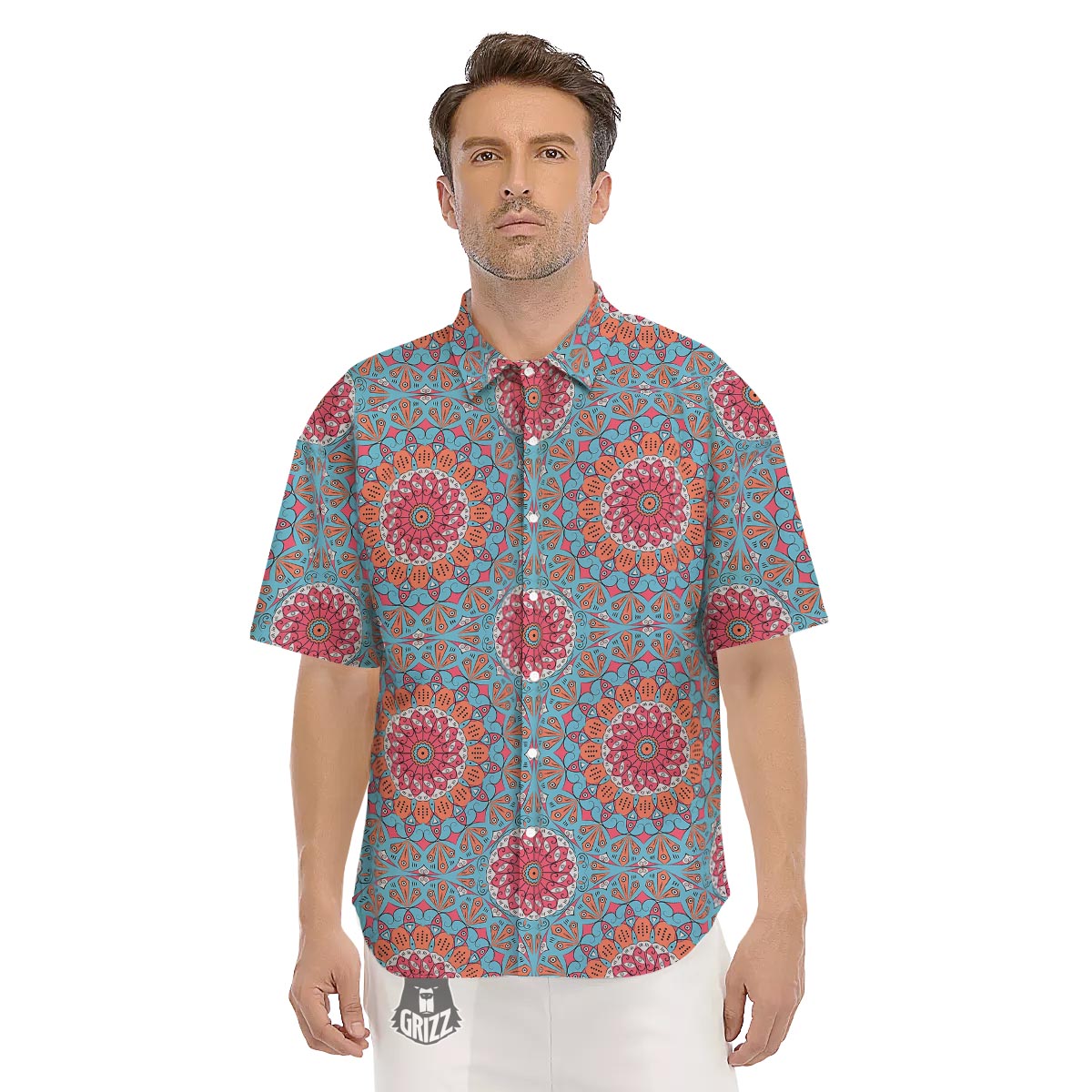 Bohemian Mandala Pink And Teal Print Pattern Men's Short Sleeve Shirts-grizzshop