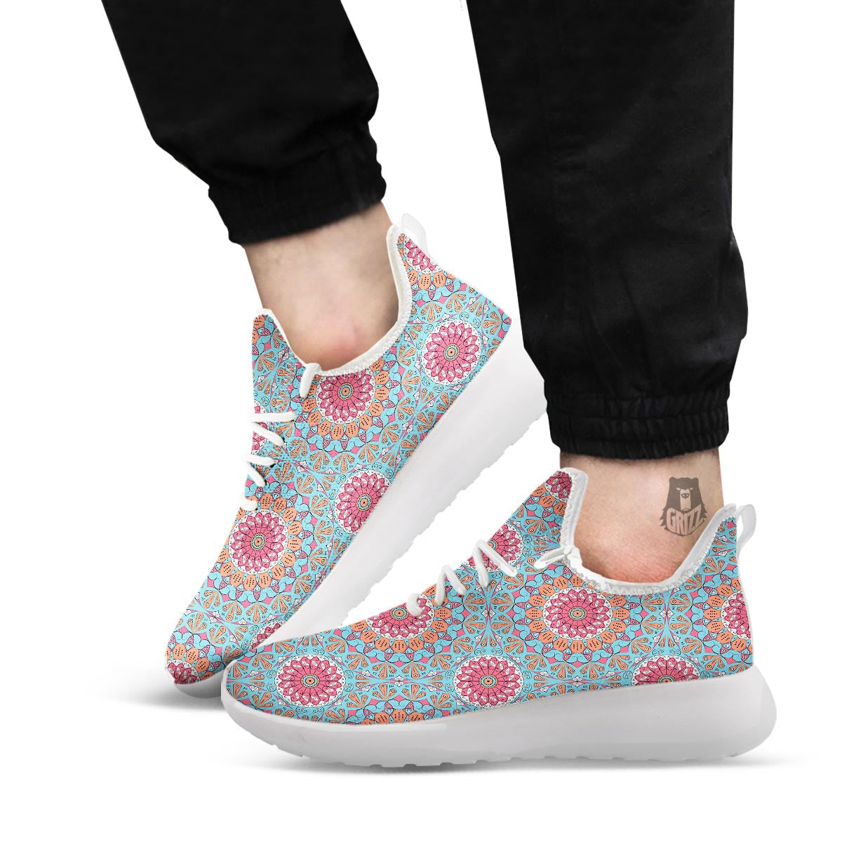 Bohemian Mandala Pink And Teal Print Pattern White Athletic Shoes-grizzshop