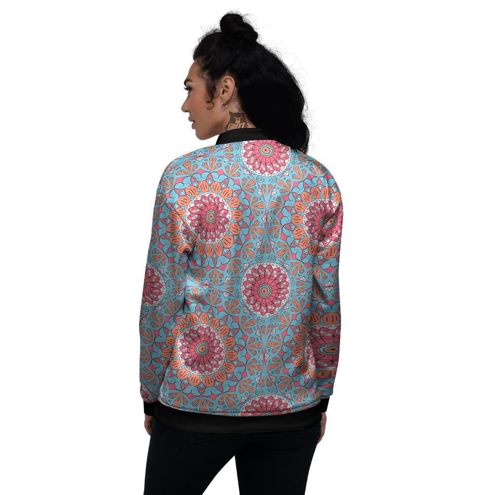Bohemian Mandala Pink And Teal Print Pattern Women's Bomber Jacket-grizzshop