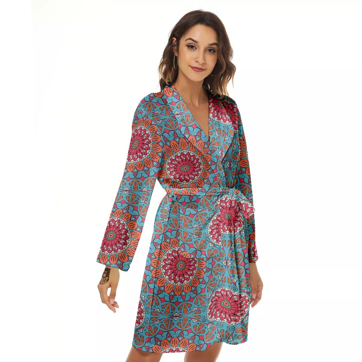 Bohemian Mandala Pink And Teal Print Pattern Women's Robe-grizzshop