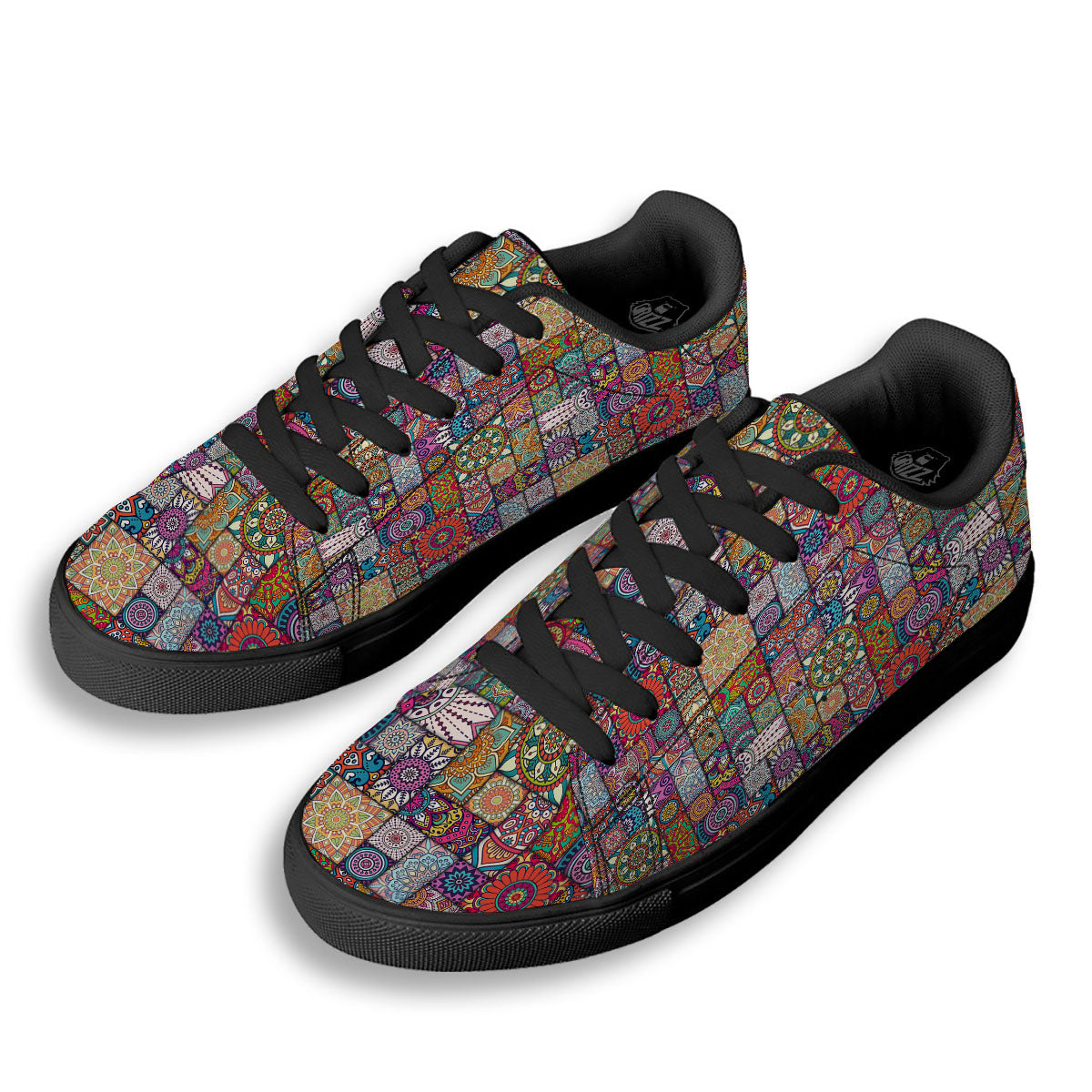 Bohemian Mandala Tile Print Pattern Black Low Top Sneakers-grizzshop