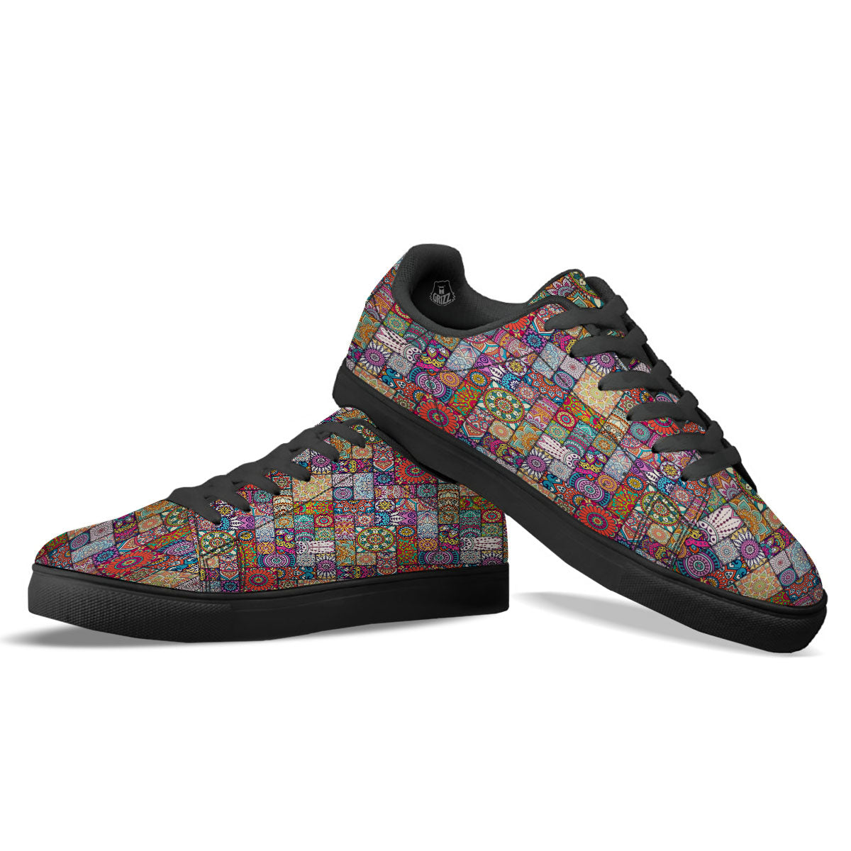 Bohemian Mandala Tile Print Pattern Black Low Top Sneakers-grizzshop