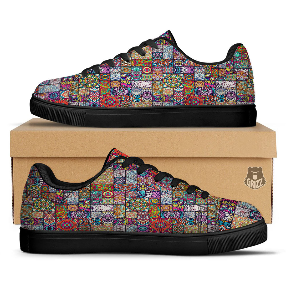 Bohemian Mandala Tile Print Pattern Black Low Top Sneakers-grizzshop