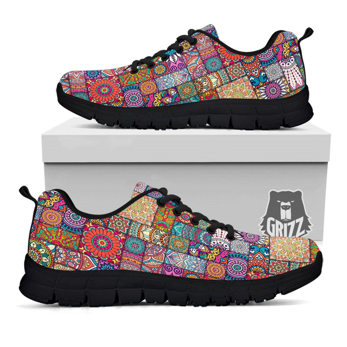 Bohemian Mandala Tile Print Pattern Black Sneaker-grizzshop