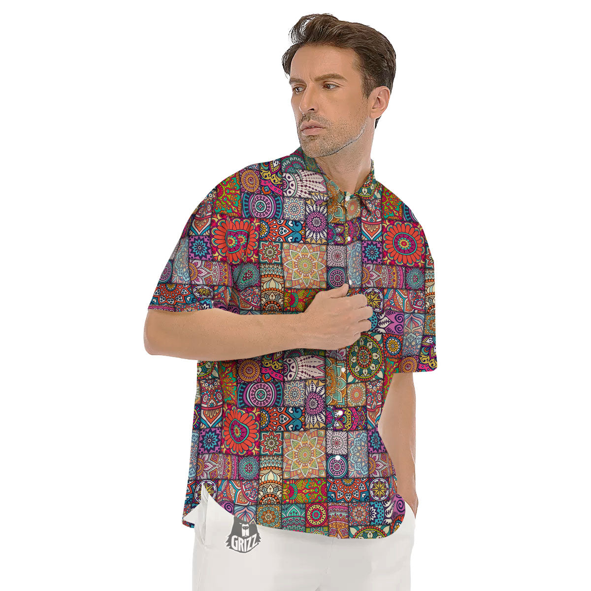 Bohemian Mandala Tile Print Pattern Men's Short Sleeve Shirts-grizzshop