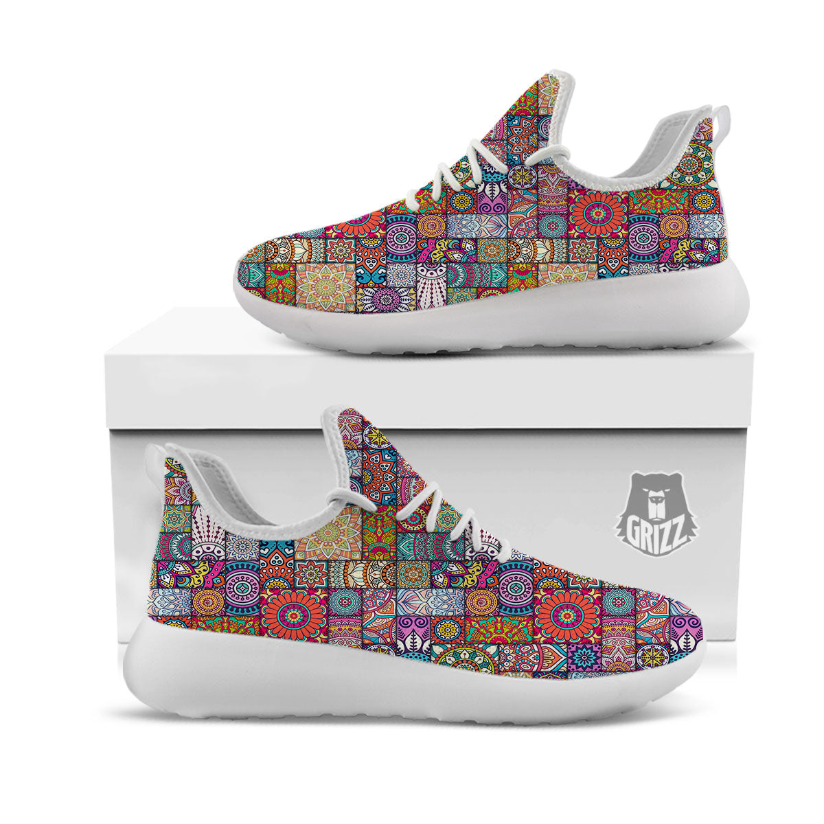 Bohemian Mandala Tile Print Pattern White Athletic Shoes-grizzshop