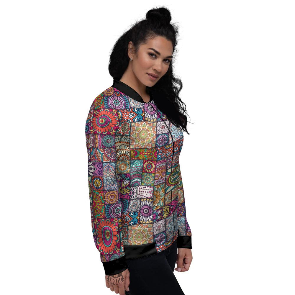 Bohemian Mandala Tile Print Pattern Women's Bomber Jacket-grizzshop