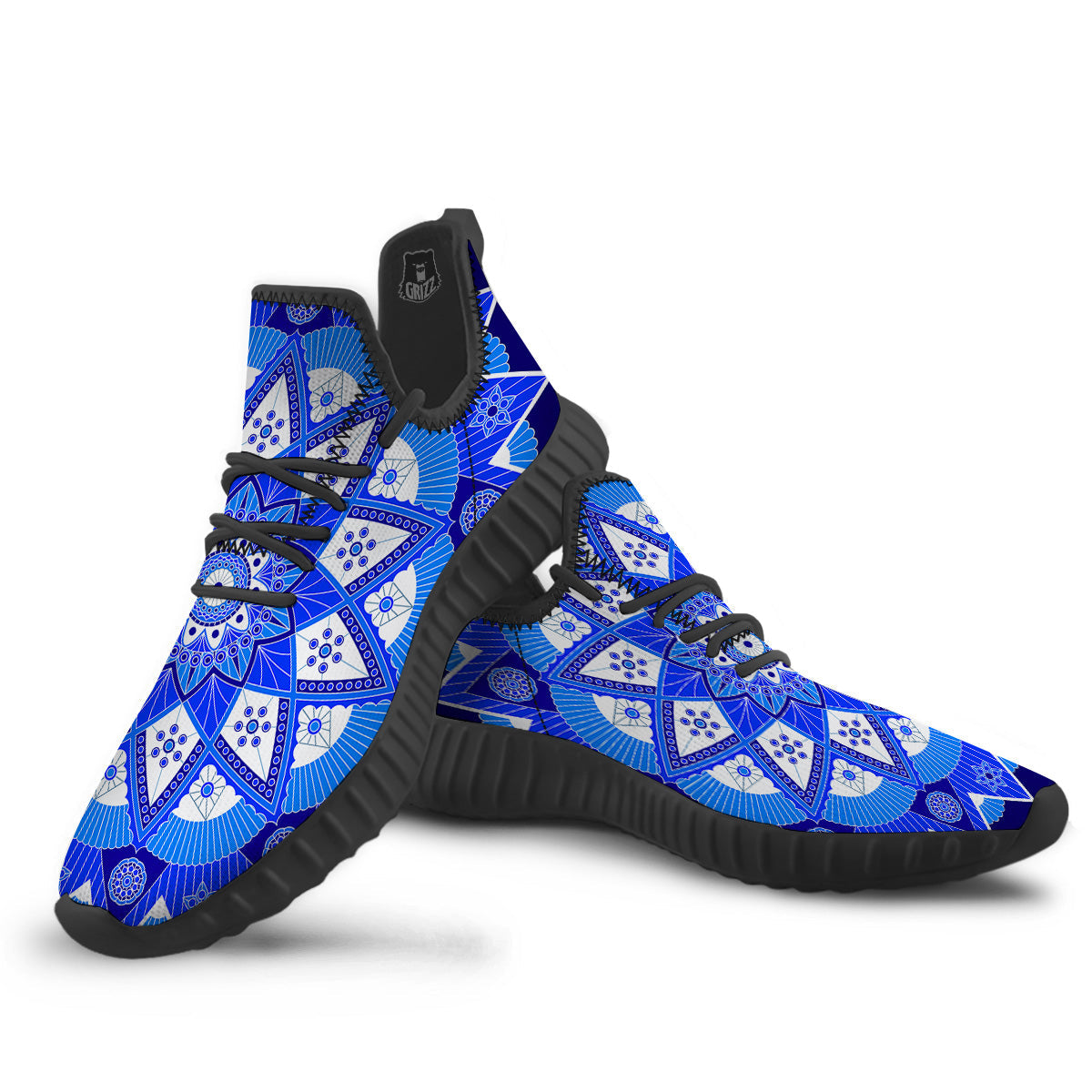 Bohemian Mandala White And Blue Print Black Walking Shoes-grizzshop