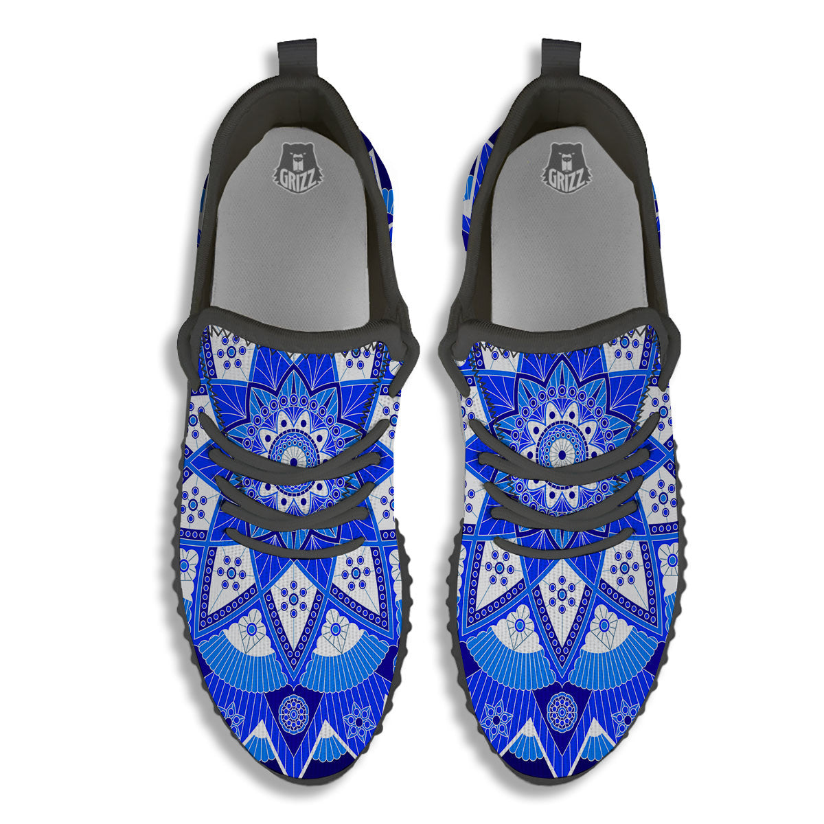 Bohemian Mandala White And Blue Print Black Walking Shoes-grizzshop