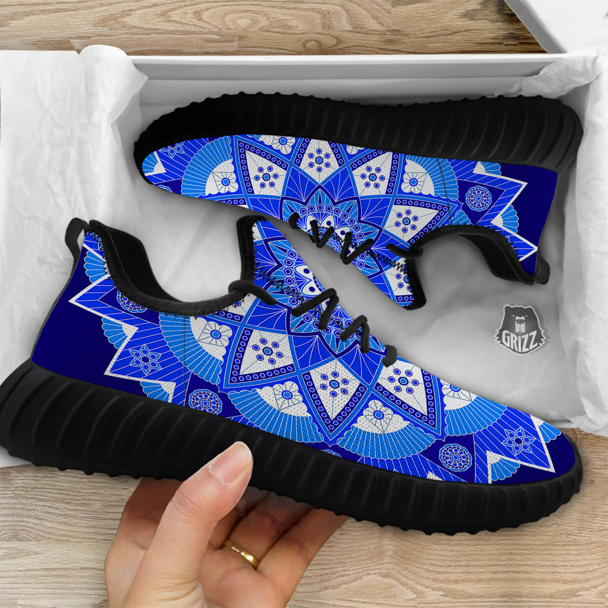 Bohemian Mandala White And Blue Print Black Walking Shoes-grizzshop