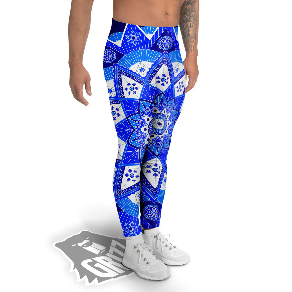 Bohemian Mandala White And Blue Print Men's Leggings-grizzshop