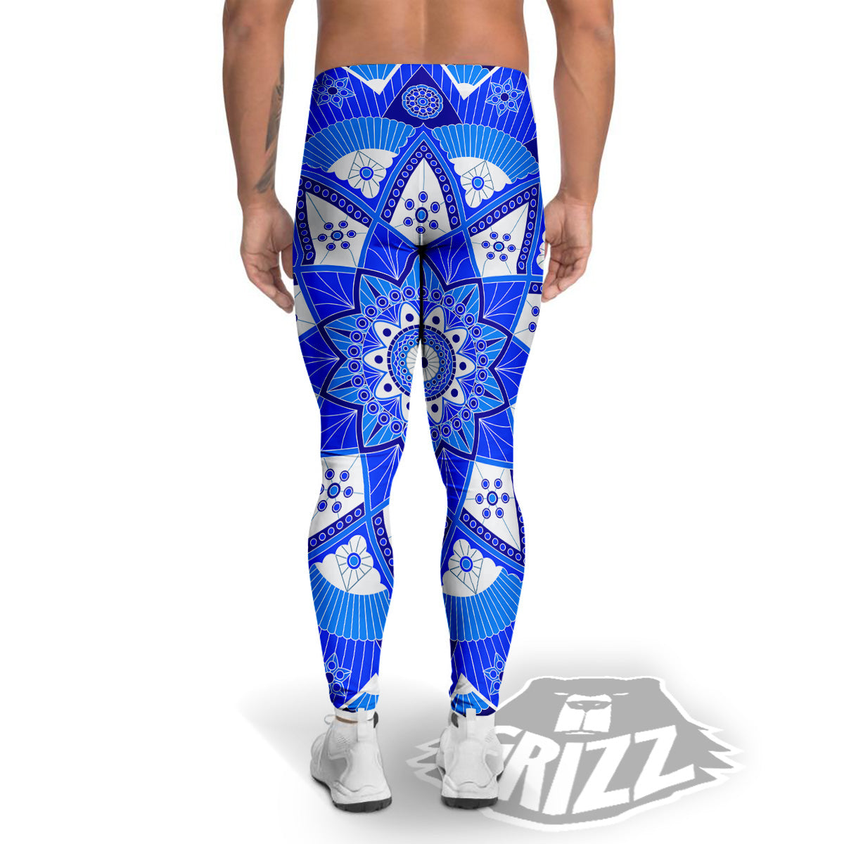 Bohemian Mandala White And Blue Print Men's Leggings-grizzshop
