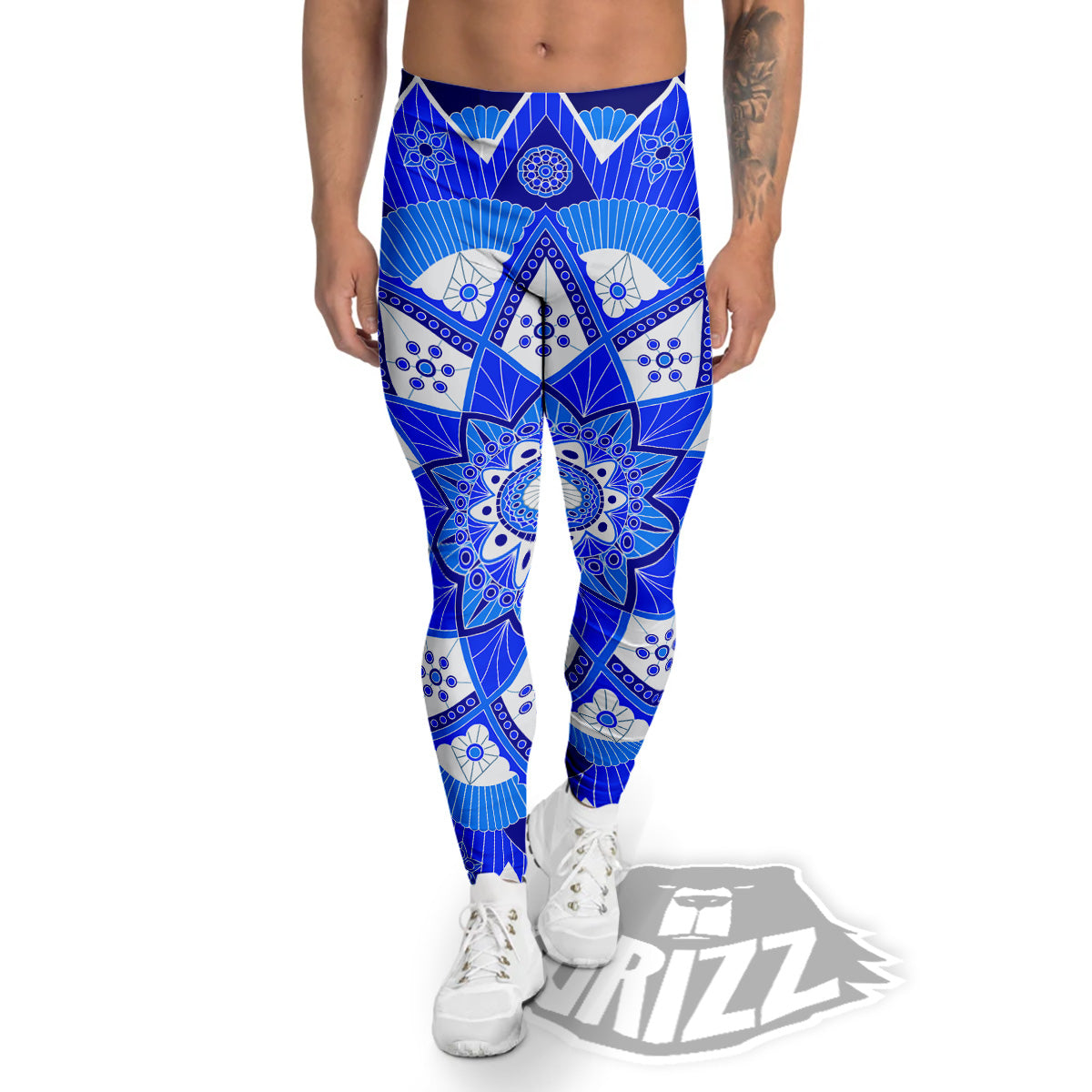 Bohemian Mandala White And Blue Print Men's Leggings-grizzshop