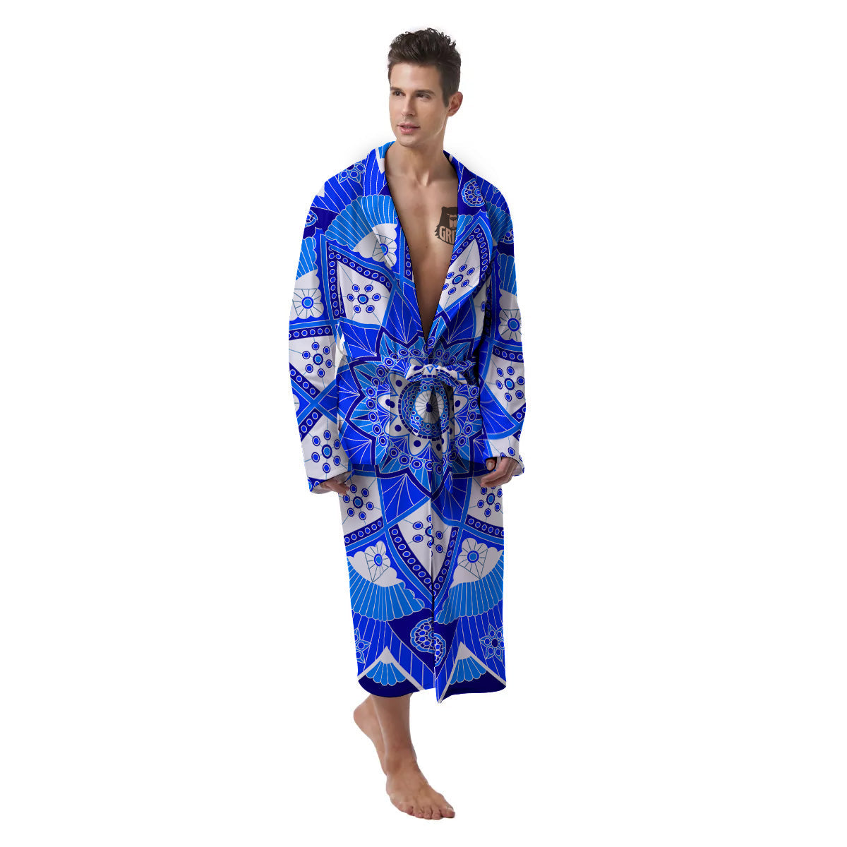 Bohemian Mandala White And Blue Print Men's Robe-grizzshop
