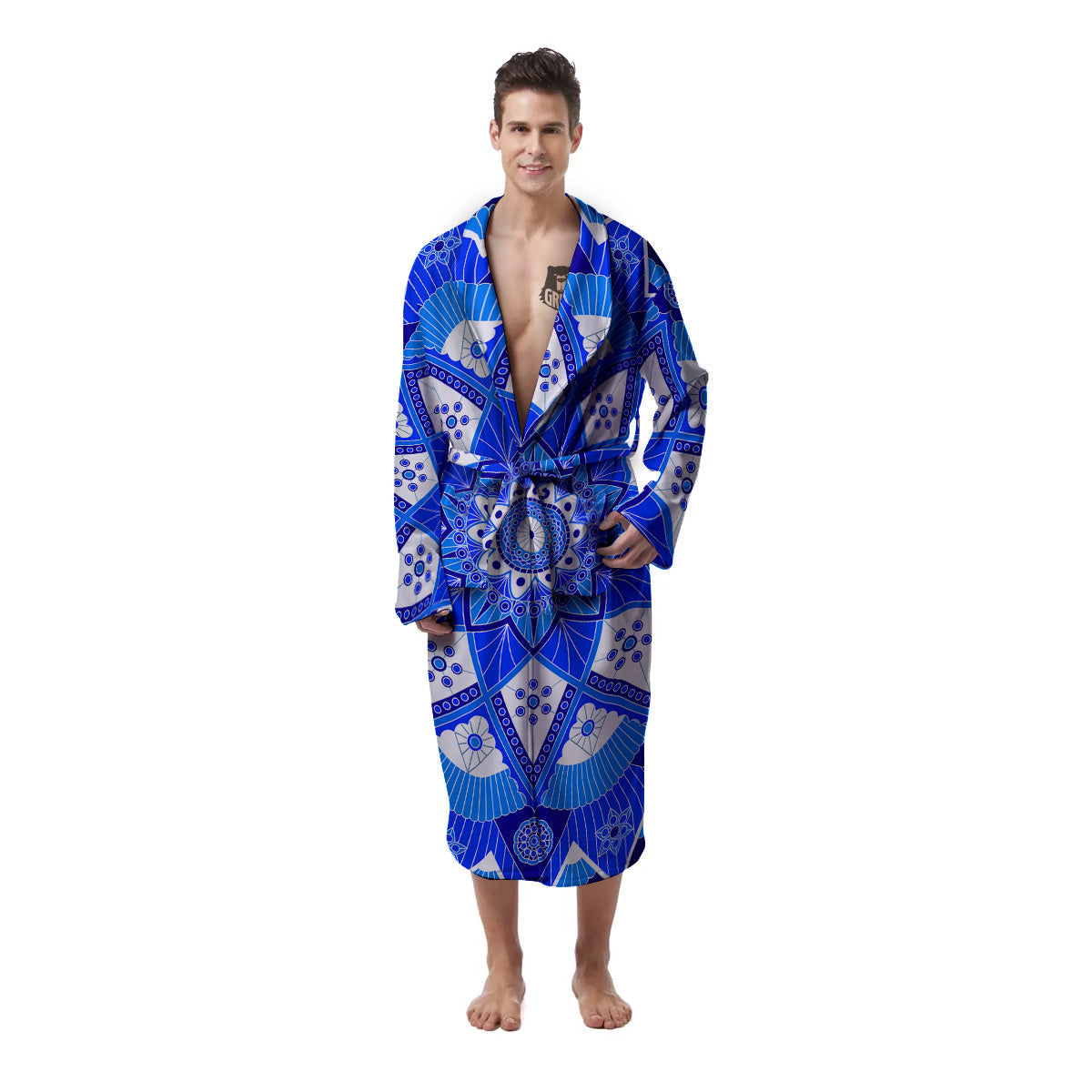 Bohemian Mandala White And Blue Print Men's Robe-grizzshop