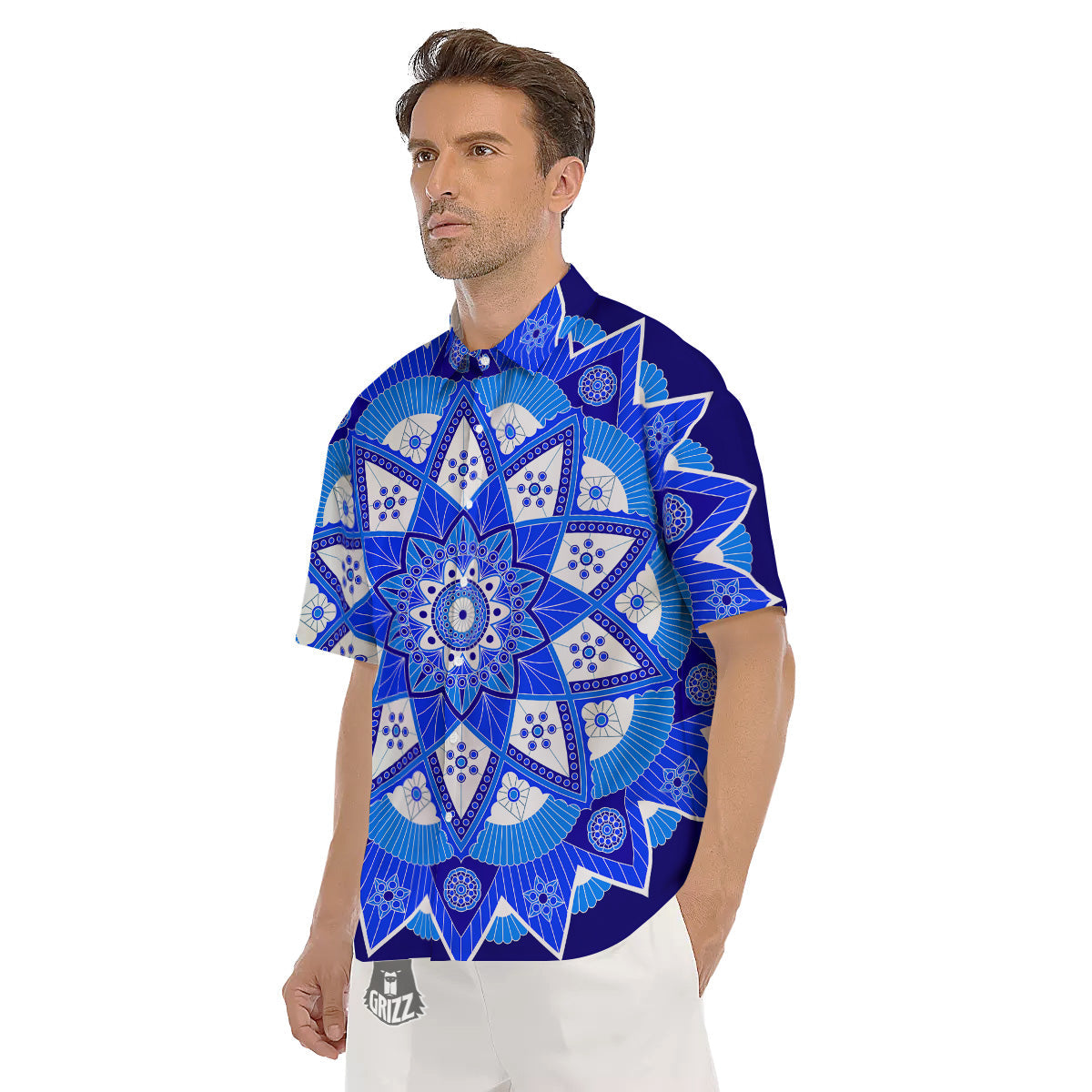 Bohemian Mandala White And Blue Print Men's Short Sleeve Shirts-grizzshop