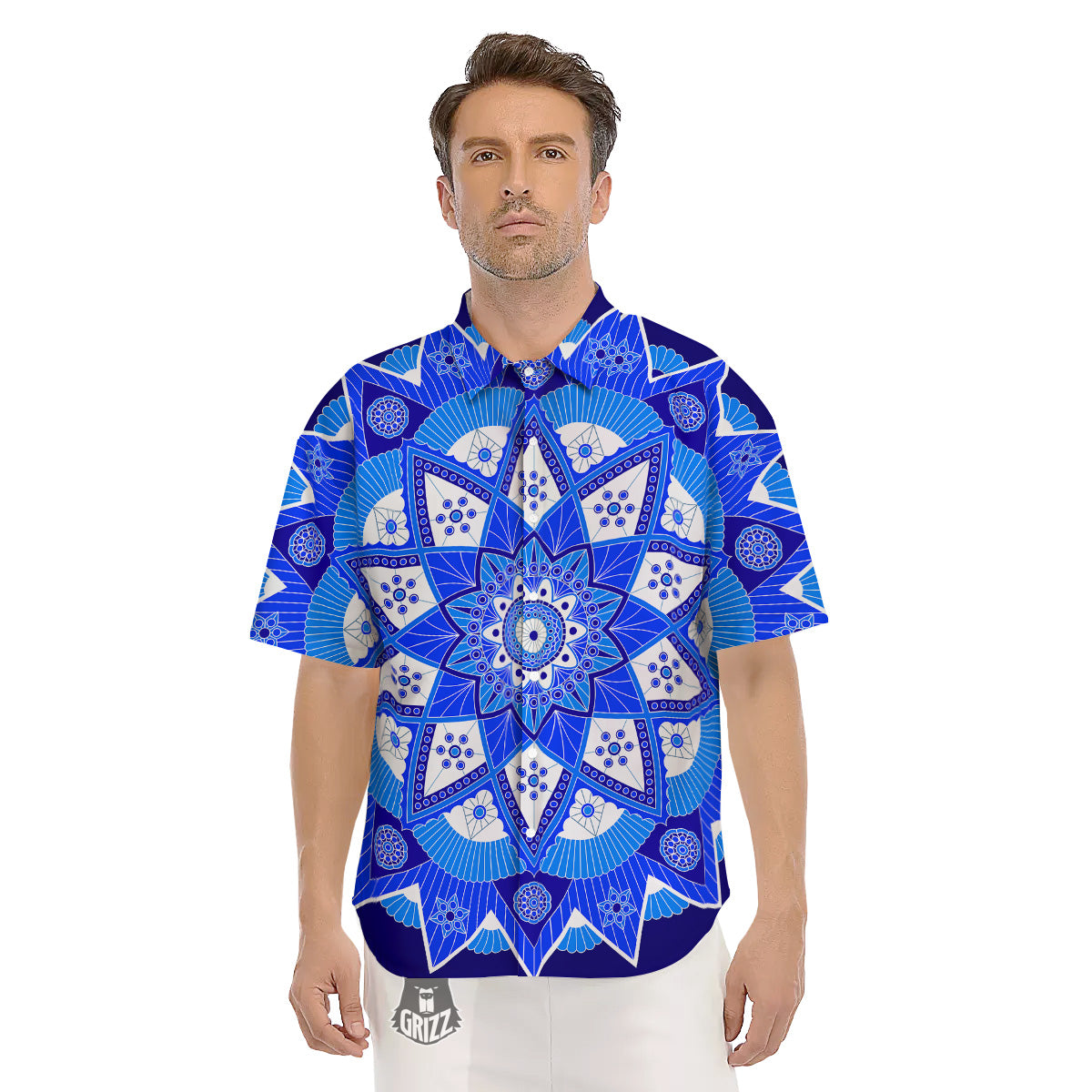 Bohemian Mandala White And Blue Print Men's Short Sleeve Shirts-grizzshop